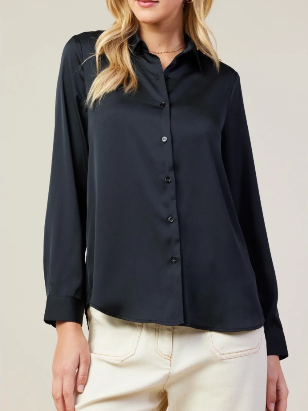Classic Black Button-Down Long Sleeve Satin Blouse
